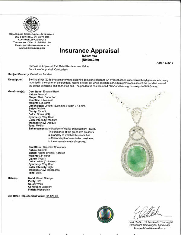 6.85ct Emerald and 0.84ctw Sapphire Pendant 18 Inch chain 925 